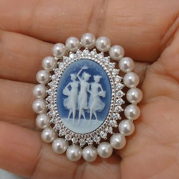 Vintage Jewelry - 3 Gorgeous Ladies Dancing Cameo CZ 925 China Sterling Silver  Brooch Pendant